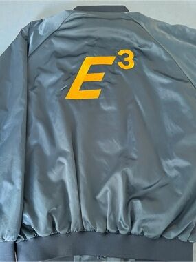 Vintage Y2K Mens XL Slate Blue Satin Bomber Jacket E3 Stitch Logo Cardinal 1990s